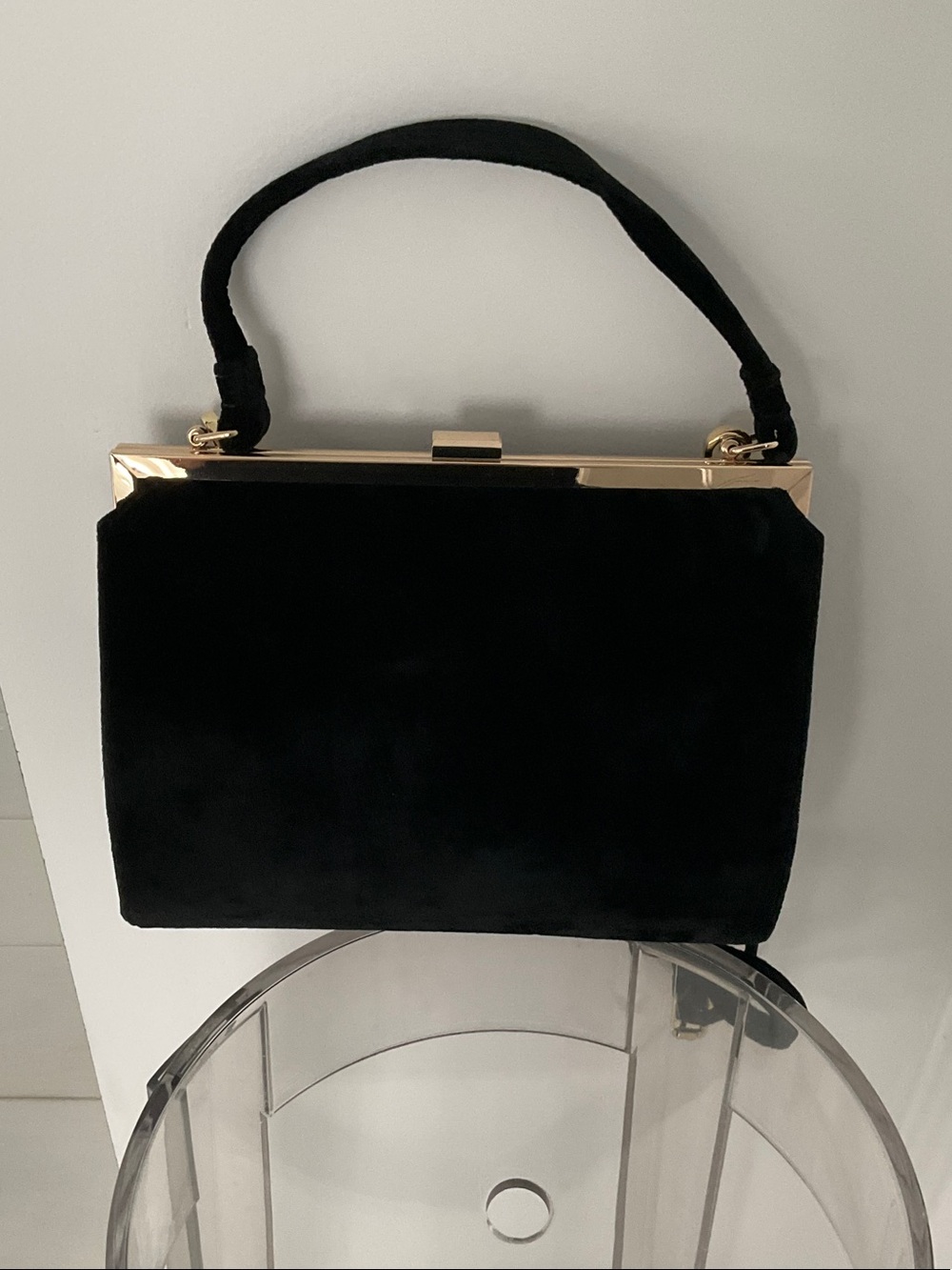 Black Velvet Top-Handle Satchel with Gold Trim